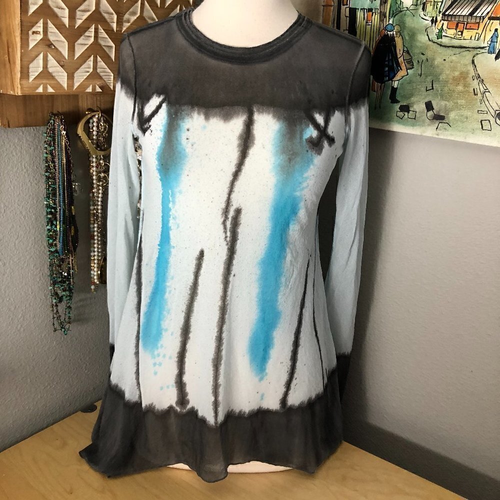 Pete Gray Teal White Mesh Abstract Tie Dye Tunic Top Women's size XS - NEW
